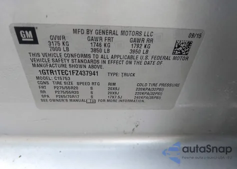 2015 GMC Sierra 1500 z USA, uszkodzony, nr VIN 1GTR1TEC1FZ437941